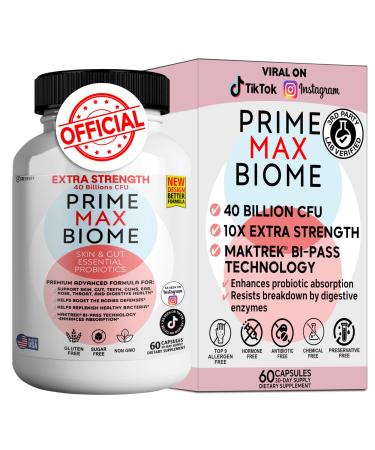 Prime Max Biome Probiotics 40 Billion CFU Extra Strength Skin & Gut Support with MAKTrek Bi-Pass Technology 4 Strains + Prebiotics Non-GMO Gluten-Free 60 Capsules (1)