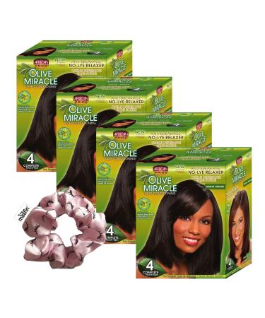 Olive Miracle Touch-Up Kit No Lye Relaxer for Black Hair Enriched with Shea Butter Olive Oil Easy Application Covers Gray Lasting Color Moofin Hair Tie Included Pack of 4