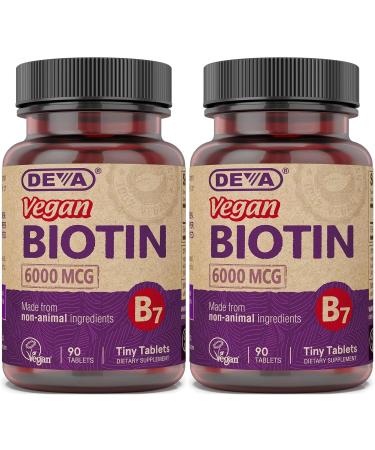DEVA Vegan Biotin 6000mcg 2-Pack Vitamin B7 Easy-to-Swallow Tiny Tablets 90 Count Ea 90 Count (Pack of 2)