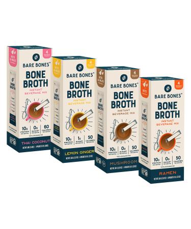 Bare Bones Bone Broth Instant Powdered Mix, Variety Pack, 4 Ramen, 4 Mushroom, 4 Lemon Ginger and 4 Thai Coconut, 15g Sticks, 10g Protein, Keto & Paleo Friendly Bone Broth Packets, 16 Total Servings