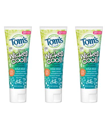 Tom's of Maine ADA Approved Wicked Cool! Fluoride Children's Toothpaste, Natural Toothpaste, Dye Free, No Artificial Preservatives, Mild Mint, 5.1 oz. 3-Pack (Packaging May Vary) Mild Mint 3 Count (Pack of 1)