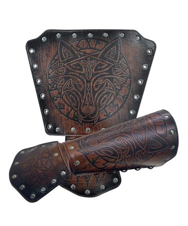 HiiFeuer Viking Fenrir Gauntlet Medieval Faux Leather Arm Armor Knight's Bracer LARP Halloween Costume Brown B