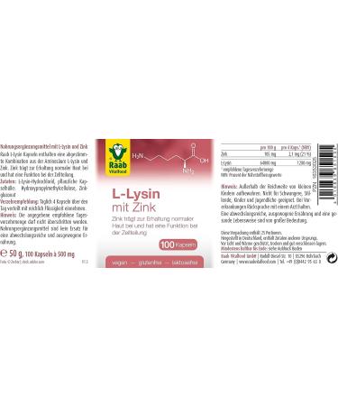 Raab Vitalfood L-Lysine with Zinc | Vegan Gluten-Free & Lactose-Free | 100 Capsules - International Shipping Available - Buy Online on GoSupps.com