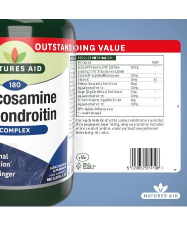 Natures Aid Glucosamine and Chondroitin Complex with Vitamin C Rosehip Ginger and Turmeric 180 Capsules package may vary Glucosamine and Chondroitin 180 Capsules - Buy Online on GoSupps.com