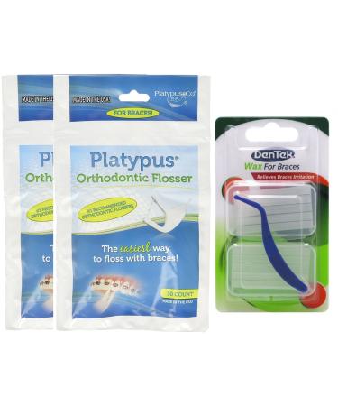 Platypus Ortho Flosser (2 Packs of 30) & Dentek Wax for Braces