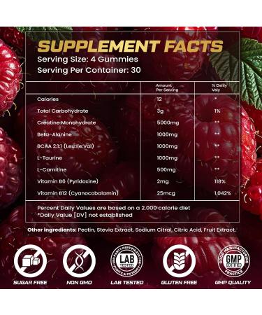Creatine Monohydrate Gummies for Men & Women, 9000MG Creatine Gummies Sugar Free with L-Taurine, BCAA 2:1, B12 B6 for Boost Strength, Focus & Endurance, Vegan, Non-GMO, Raspberry 120pcs Raspberry 120 Count (Pack of 1) - Buy Online on GoSupps.com