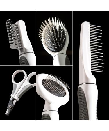 Catit Grooming Kit for Medium-Longhaired Cats. Canister includes 5 tools: Pin brush Long dematter metal slicker brush grooming comb with rolling pins and curved nail clippers - Buy Online on GoSupps.com