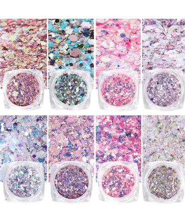 Gzmayuen 16Pcs Holographic Nail Glitter Powder Set - Chunky Sequin Flakes for Stunning Nail Art - Pink Violet Red - Buy Online on GoSupps.com