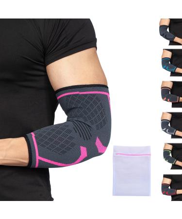 360 RELIEF - Compression Elbow Brace Sleeve for Men and Women Support | Splint Joint Pain Relief Tendonitis Tennis Golf Workout Weightlifting | Medium Pink with Mesh Laundry Bag | Pink M