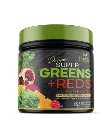 Greens Powder Superfood Supplement - Super Green Reds Smoothie Mix Blend with Spirulina Wheat Grass Chlorella Beets Digestive Enzymes Natural Antioxidants - Vegan Non-GMO - 30 Servings