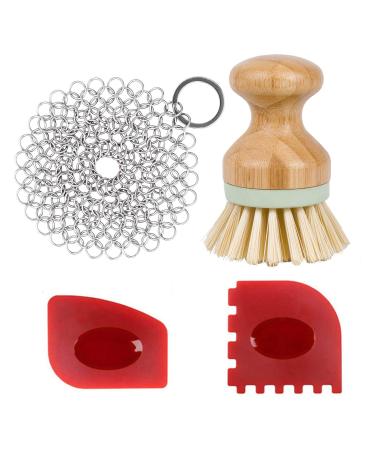 Cast Iron Cleaner kit, Wood Scrub Cleaning Brush, Stainless Steel Chainmail Scrubber, Pan Scrapers, Kitchen Cleaning