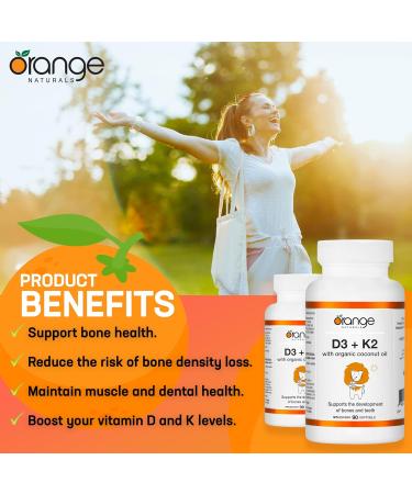 Orange Naturals - Vitamin D3+K2-90 Softgels - With Organic Coconut Oil - Support Bone & Teeth Health Reduce Osteoporosis Maintain Muscle Enhanced Absorption & Prevent D Deficiency Cholecalciferol 90 count (Pack of 1) - Buy Online on GoSupps.com
