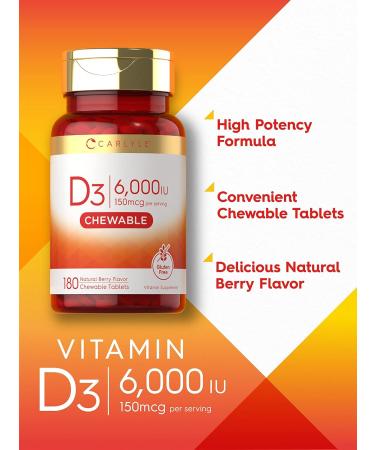 Carlyle Chewable Vitamin D3 6000 IU Tablets | 180 Count | Natural Berry Flavor | Vegetarian Non-GMO & Gluten Free - Buy Online on GoSupps.com