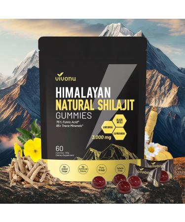 Himalayan Shilajit Gummies with Ashwagandha & Gokshura | 85+ Trace Minerals & Fulvic Acid | Organic, Non-GMO Micronutrient Supplement for Men & Women | 100% Pure & Natural 1 Bag / 60 Gummies