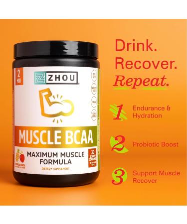 Zhou Nutrition Muscle BCAA Powder | Vegan Muscle Recovery | Gluten & Sugar Free | Probiotic Boost & Vitamin C | 30 Servings - Tropical Punch - Buy Online on GoSupps.com
