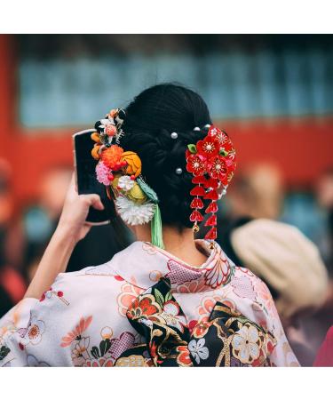 Japanese Style Cloth Hairpin Tassel Fans Shape Barrette with Bells Kimono Flower Headdress Traditional Clothes Cosplay Hair Decoration Accessory for Women Red - Buy Online on GoSupps.com