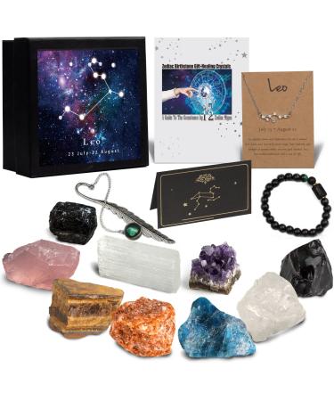 Leo Zodiac Crystals and Healing Stones Set, 14pcs Leo Gifts for Women Birthstone Gemstones, Chakra Charms Real Crystals Set for Spiritual Astrology Decor Horoscope Birthday Gift Kit