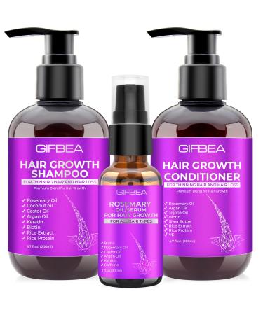 GIFBEA Hair Growth Shampoo and Conditioner Set W/Rosemary Oil Serum for Hair Growth Biotin Argan Oil Castor Oil Coconut Keratin Rice Water Hair Loss Shampoo Hair Thickening Treatment for Women Men