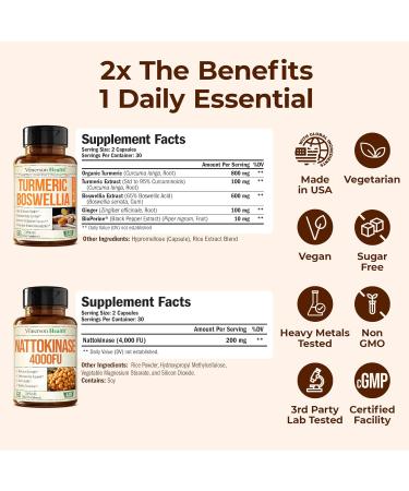 Boswellia Turmeric Curcumin Supplement + Nattokinase Supplement Bundle Supports Joint & Heart Health Healthy Circulation & Smooth Flow with Ginger Organic Turmeric Powder & Nattokinase 4000FU - Buy Online on GoSupps.com