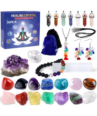 Healing Crystals Set Include 7 Chakra Stones, 7 Tumbled Stones, 7 Crystals Necklaces, 3 Crystals Jewelry,Amethyst Crystal and Selenite,Clear Quartz,2 Storage Bags,7 Jewelry Ropes-36 PCS 36packs