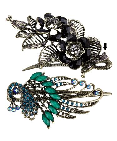 CROWN GUIDE Set of 2 Vintage Metal Hair Clips for Women Thick Hair Hairpin Retro Peacock Barrettes Bridal Hair Jewelry Accessories Styling Peacock + Flower 2 Count (Pack of 1) Peacock + Flower