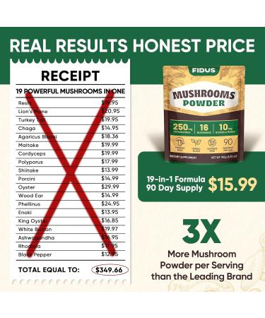 Fidus 16 Mushroom Supplement Powder with 17,300mg, 90 Day Servings Mushroom Coffee Alternative for Immunity, Focus & Energy with Ashwagandha, Lion's Mane, Chaga and Reishi, 100% Fruiting Bodies 6.7 Ounce (Pack of 1) - Buy Online on GoSupps.com
