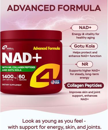 NAD Plus Supplement 1400mg - NMNH Supplement Alternative Supports Healthy Aging Complex with Nicotinamide Riboside & Gotu Kola Collagen - Powerful NAD+ Formula for Energy Skin & Cognitive 60 Caps 60 Count (Pack of 1) - Buy Online on GoSupps.com