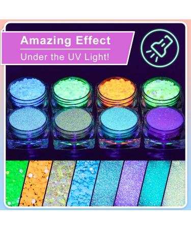Holographic Chunky Glitter Set - 8 Glow in The Dark Colors with Glue for Body Face Nail & Hair Makeup | Perfect for Concerts Festivals & Rave Parties - Buy Online on GoSupps.com