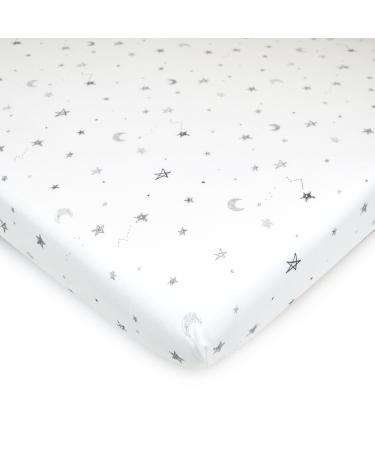 American Baby Company Printed 100% Natural Cotton Value Jersey Knit Fitted Pack N Play Playard Sheet, Grey Stars and Moon, Soft Breathable, 1 Count (Pack of 1)