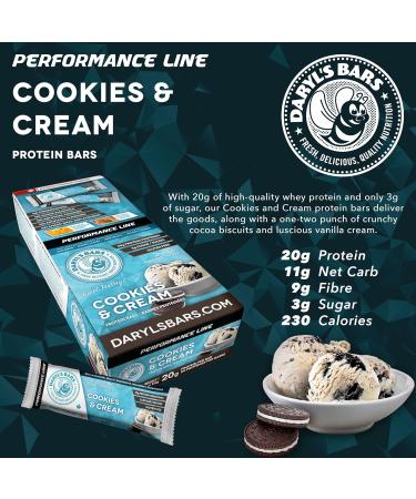 Daryl's Bars - Cookies & Cream PERFORMANCE Protein Bars - 20g Protein 3g Sugar Gluten Free (Box of 12 Bars) - Buy Online on GoSupps.com