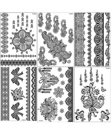 6 Sheets Black Henna Temporary Tattoo Stickers - Waterproof Sexy Fake Tattoos for Women - DIY Body Art Decoration in Black - Buy Online on GoSupps.com