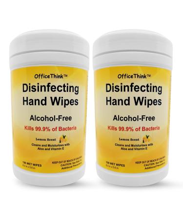 Disinfecting Antibacterial Wet Hand Wipes - 2 Pack Sanitizer /Disinfectant/Deodorizer Fresh Lemon Scent Alcohol-Free Gentle on Hands Moisturizes with Aloe + Vitamin E Easy Access Canisters 100 Ct x 2 100 Count (Pac...