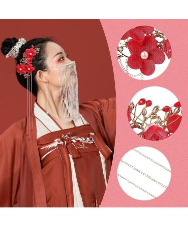 Beaupretty Bridal Tassel Hairpins | Flower Pearl Rhinestone Chinese Style Hair Clip | Wedding Hair Accessories - Red - Buy Online on GoSupps.com