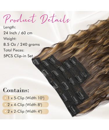 REECHO Clip in Hair Extensions - 5PCS Brown 24 Thick Long Loose Waves HE002 - Invisible Lace Weft Natural Soft Hairpieces for Women - Dark Brown with Highlights - Buy Online on GoSupps.com