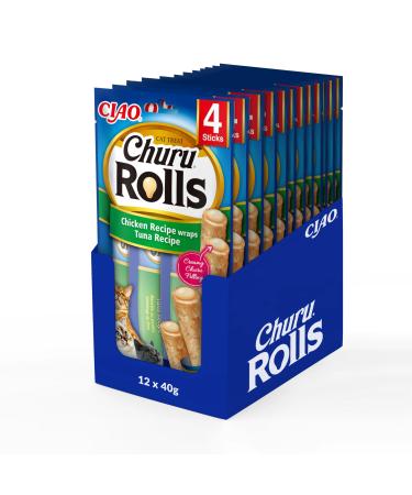 Inaba Churu Rolls - Cats treat from hand - delicious cat snacks with creamy filling - chicken covered with tuna 4 pieces (12 pack) Thuna 40g (12 pack)