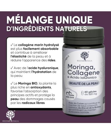 Collagen and Hyaluronic Acid with Copper Zinc Biotin Vitamin A B2 B3 C Moringa Bio | Supplement for Skin and Joints | Anti-Wrinkle | Made in Italy RedMoringa (180 Capsules) - Buy Online on GoSupps.com