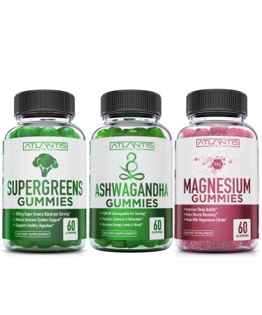 Supergreen Magnesium & Ashwagandha Gummies - Improves Sleep & Helps Muscle Cramps Supergreens with Spinach Broccoli Beetroot Green Tea & Acai for Immune Support - 60 Gummies