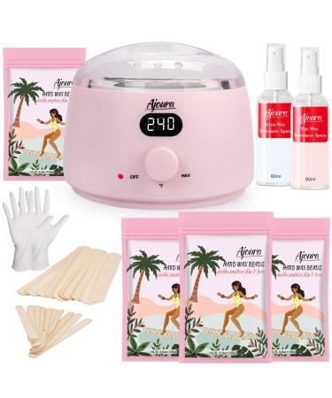 Home Waxing Kit, Ajoura Digital Wax Warmer Kit for Brazilian Bikini Coarse Hair Removal with 14oz Hard Wax Beads for Eyebrow, Legs, Armpit, Face, Pre & After Wax Spray Pink