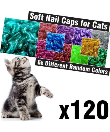 zetpo 120 pcs Glitter Soft Cat Claw Caps for Cats Nail Claws 6X Different Random Colors + 6X Adhesive Glue + 6X Applicator, Pet Cap Tips Cover Paws Grooming Soft Covers