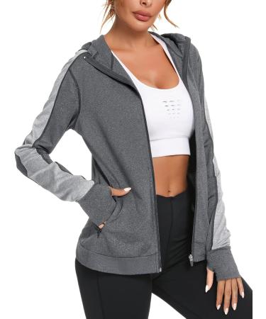 Wayleb Women's Long Sleeve Running Jacket - Breathable Hooded Sports Jacket with Thumb Holes & Bag for Yoga & Fitness - Dark Gray - Buy Online on GoSupps.com