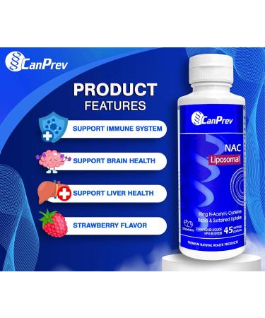 CanPrev - Liposomal NAC Supplement N-Acetyl Cysteine Strawberry Flavour 225ml Liquid - Clear Mucus from Lung Health Brain Health Liver Health Formula Antioxidant Support and Respiratory Health - Buy Online on GoSupps.com