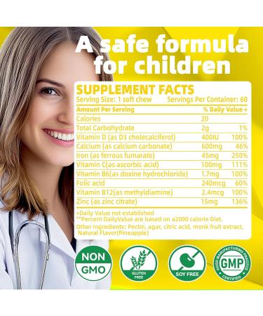 Iron Soft Chew Supplement with Vitamin C | Pineapple Flavored | Gluten Free | Iron Supplement for Women Men and Kids | 60 Count | 2 Month Supply Pineapple 60 Count (Pack of 1) - Buy Online on GoSupps.com