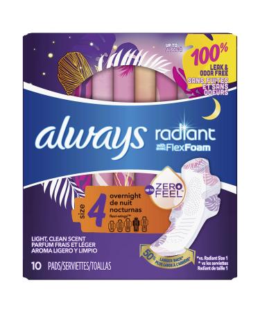Always Radiant Pads Size 4 Overnight Absorbency Scented 10 Count