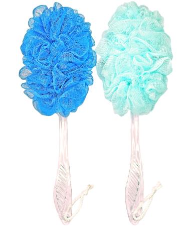 Loofah Back Scrubber for Shower Long Handle Bath Body Brush Soft Nylon Mesh Loofah Sponge On a Stick Exfoliating Scrub Cleaning Luffa for Elderly for Men Women(2-Pack Bule and Green)