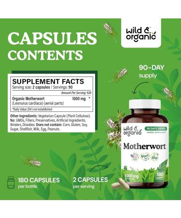 Wild & Organic Motherwort Capsules 1000 mg - Calmness & Women's Support - Natural Motherwort Supplement - 90 Days of Supply - 180 Vegan Herb Capsules - Non-GMO Gluten-Free No Additives 180 Count (Pack of 1) - Buy Online on GoSupps.com
