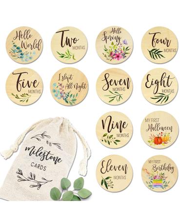 Baby Monthly Milestone Cards - Reversible Wooden Discs for Newborn Photography - Includes Announcement & Hello World Sign - Buy Online on GoSupps.com