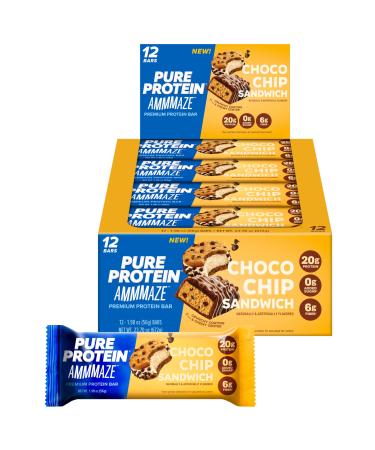 Pure Protein AMMMAZE Choco Chip Sandwich Bars 20g Protein 6g Fiber 5g Net Carbs No Added Sugar High Protein Snack 12 Count Meal Replacement Bar for On-the-Go