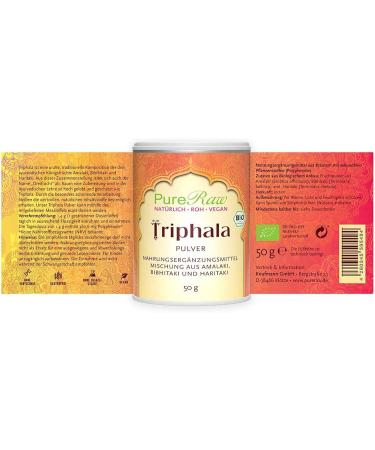 Organic Triphala Powder - Raw Vegan Ayurvedic Blend | 50g Amalaki Haritaki & Bibhitaki | Pureeraw - Indian Spices for Ayurveda Nutrition - Buy Online on GoSupps.com