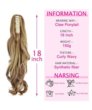 18 Inch Curly Wavy Ash Blonde Mix Ginger Claw Ponytail Hair Extension - Clip In Synthetic Hairpiece for Instant Volume - Buy Online on GoSupps.com