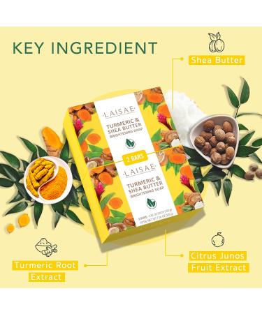 LAISAE Turmeric Brightening Soap for Face & Body - Shea Butter, Acne Scars, Dark Spots, Uneven Skin Tone - Vegan, Cruelty-Free - 3.52 oz (2 Bars) - Buy Online on GoSupps.com